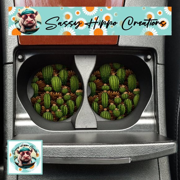 Car Coasters Flowering Cactus Desert Cacti Western Set of 2 Neoprene Absorbent - Picture 1 of 5